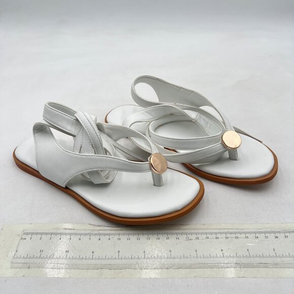 XYD White Open Toe Metal Gold Hardware Flip Flops Ankle Wrap Lace-up Flat Sandal - Picture 4 of 8